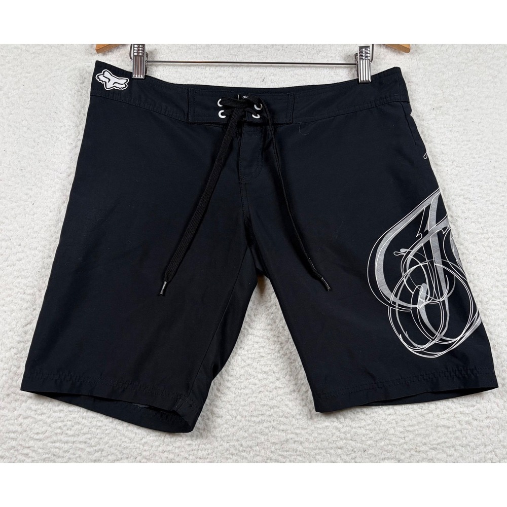 Fox Racing Board Shorts Mens Swim Trunks Graphic Lace Up 7 Black Surf Skate Y2K